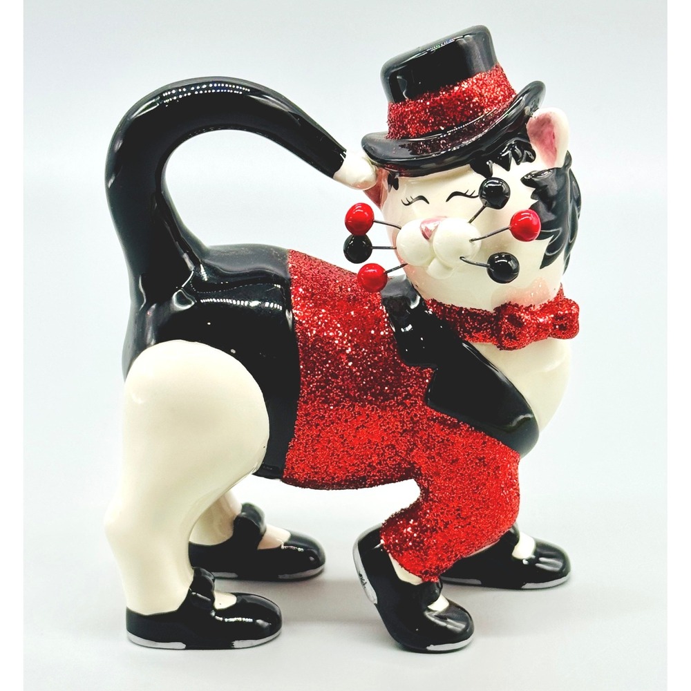 WhimsiClay Ann Miller Amy Lacombe Cat Figurine Red Black Glitter Tuxedo Top Hat